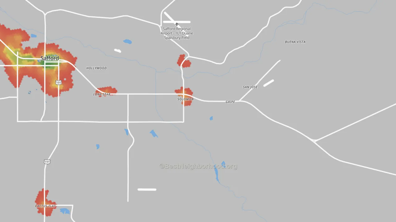 Walk Grade map of Solomon, AZ, walkable areas in green and car-dependent areas in red