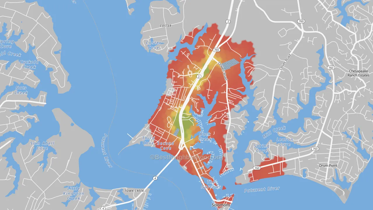 Walk Grade map of Solomons, MD, walkable areas in green and car-dependent areas in red