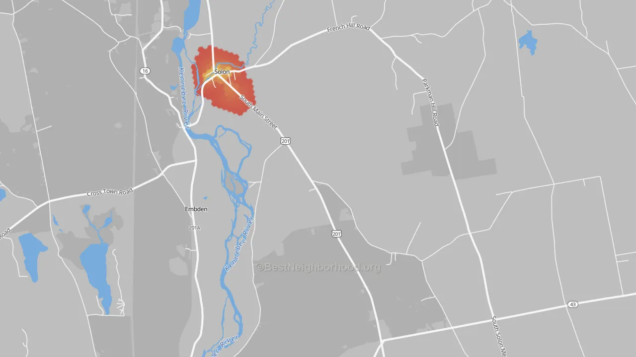 Walk Grade map of Solon, ME, walkable areas in green and car-dependent areas in red