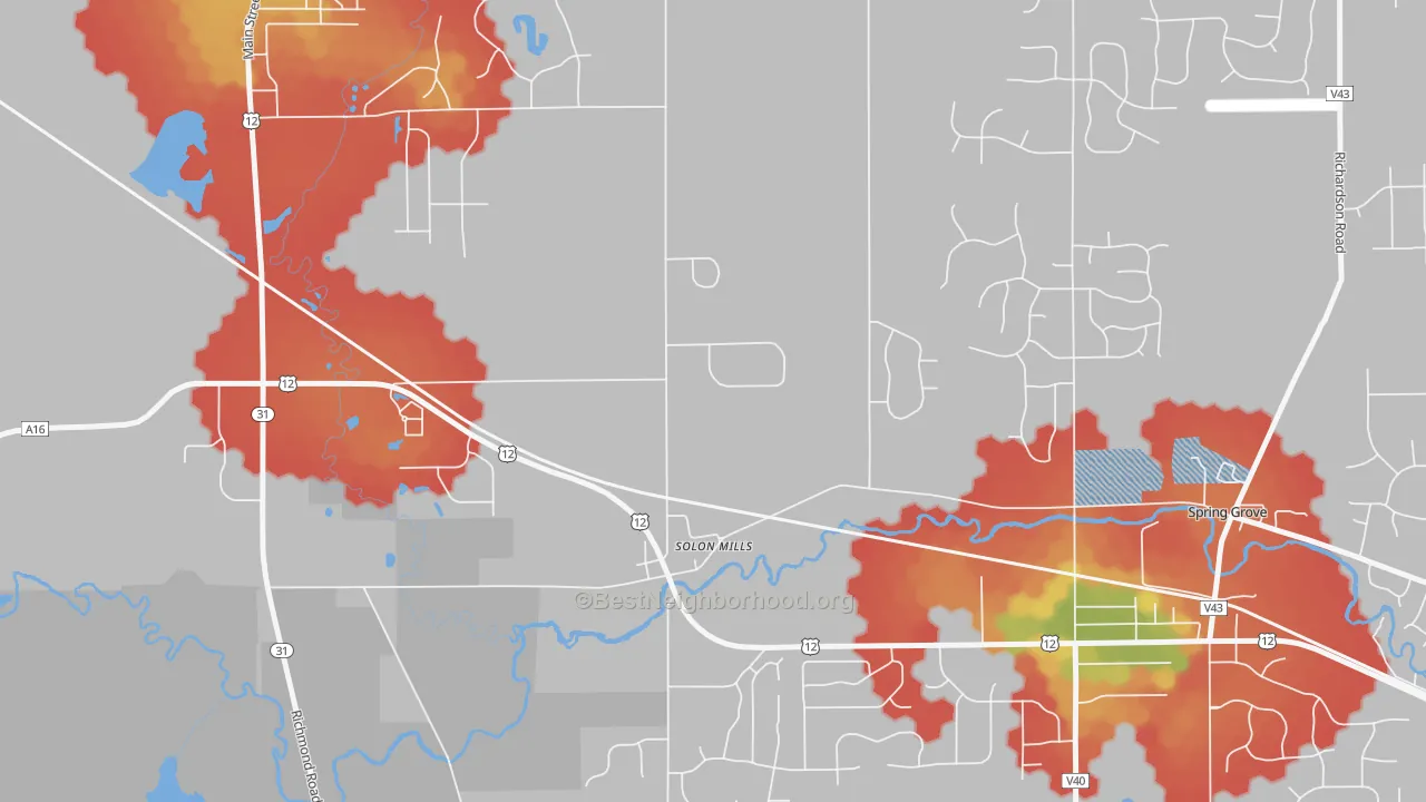 Walk Grade map of Solon Mills, IL, walkable areas in green and car-dependent areas in red