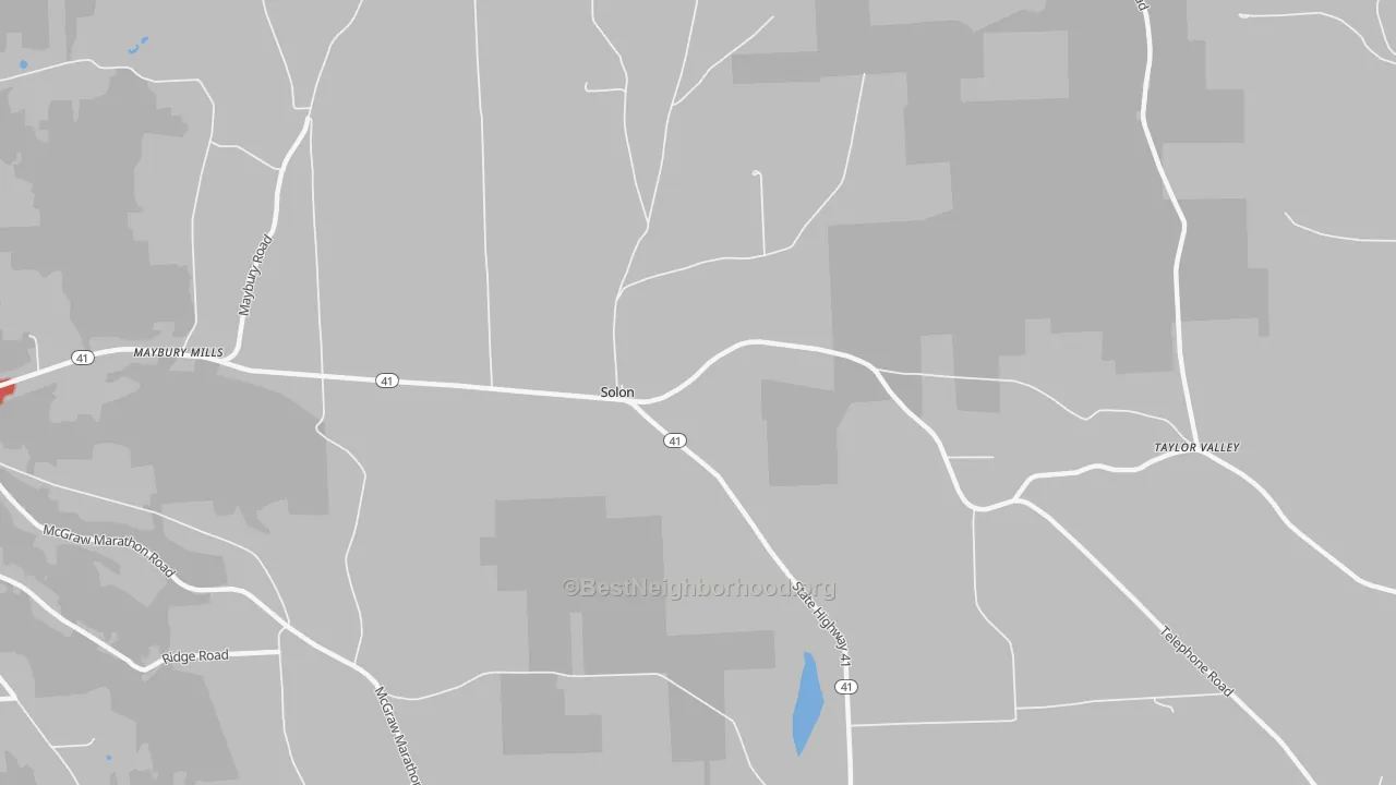 Walk Grade map of Solon, NY, walkable areas in green and car-dependent areas in red