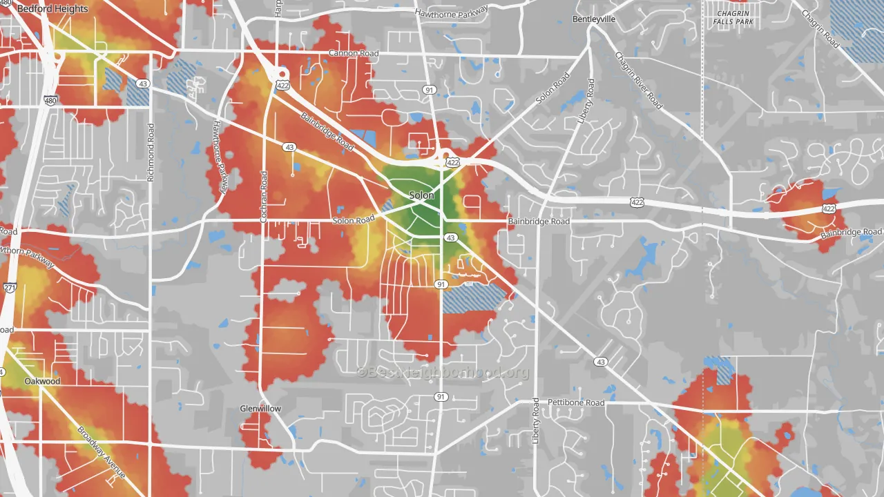 Walk Grade map of Solon, OH, walkable areas in green and car-dependent areas in red