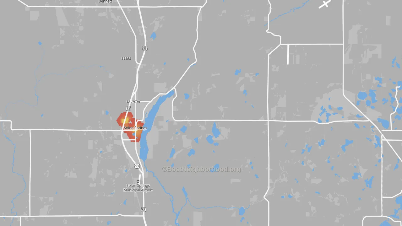 Walk Grade map of Solon Springs, WI, walkable areas in green and car-dependent areas in red
