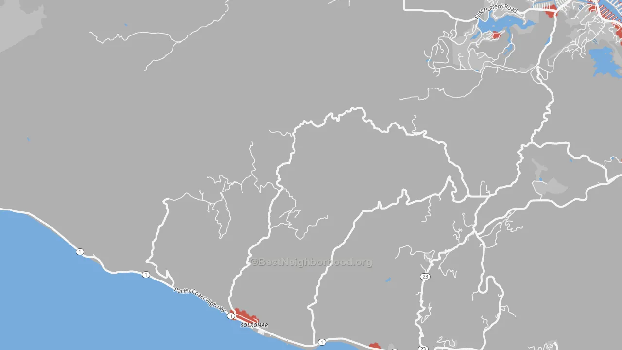 Walk Grade map of Solromar, CA, walkable areas in green and car-dependent areas in red