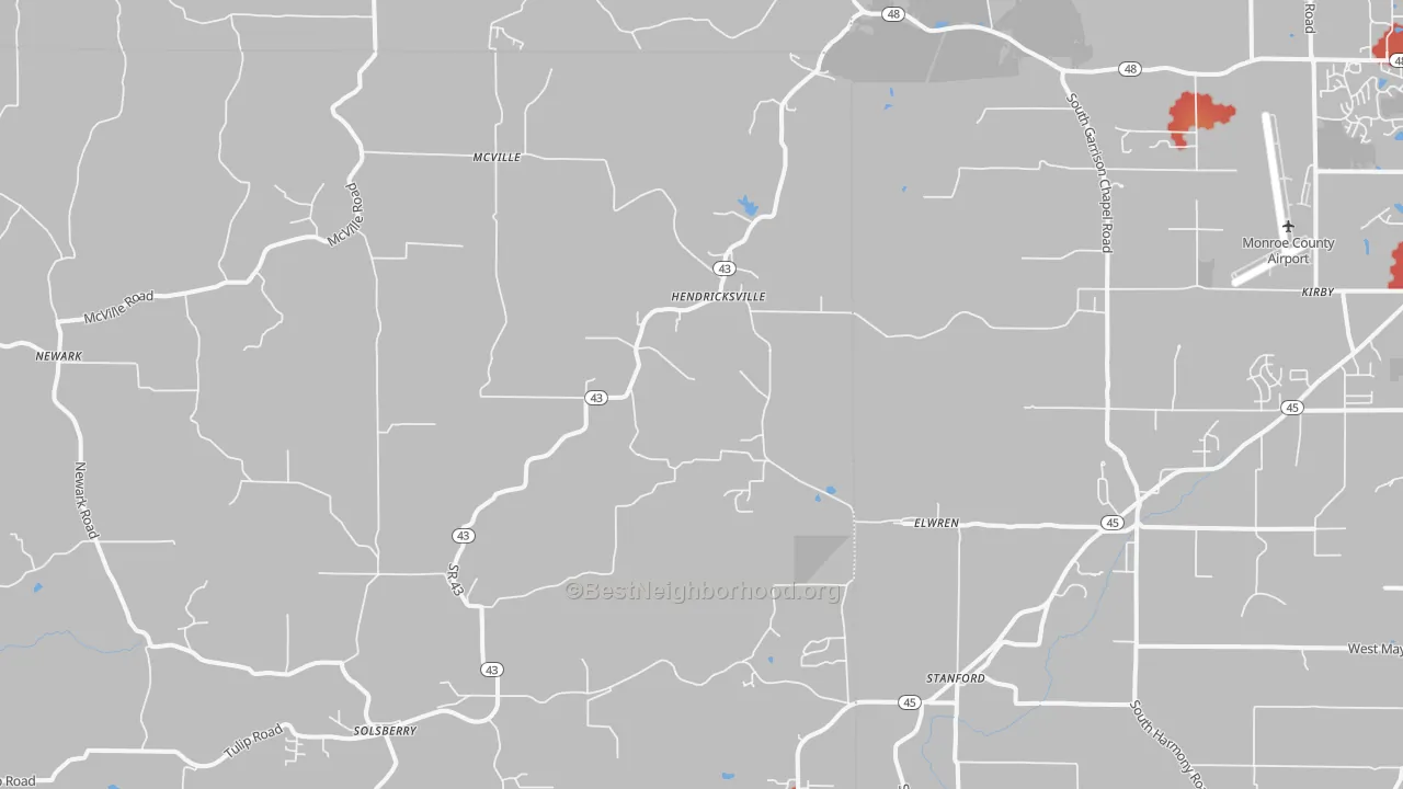 Walk Grade map of Solsberry, IN, walkable areas in green and car-dependent areas in red