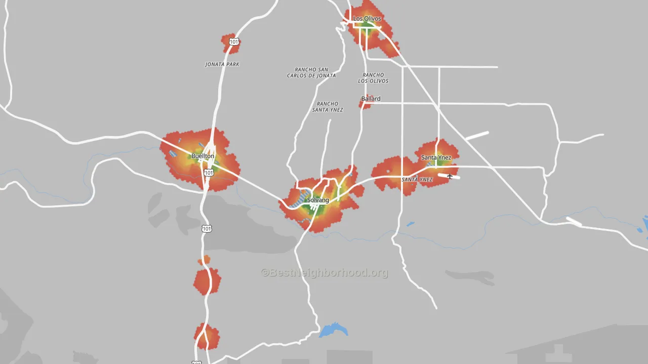 Walk Grade map of Solvang, CA, walkable areas in green and car-dependent areas in red