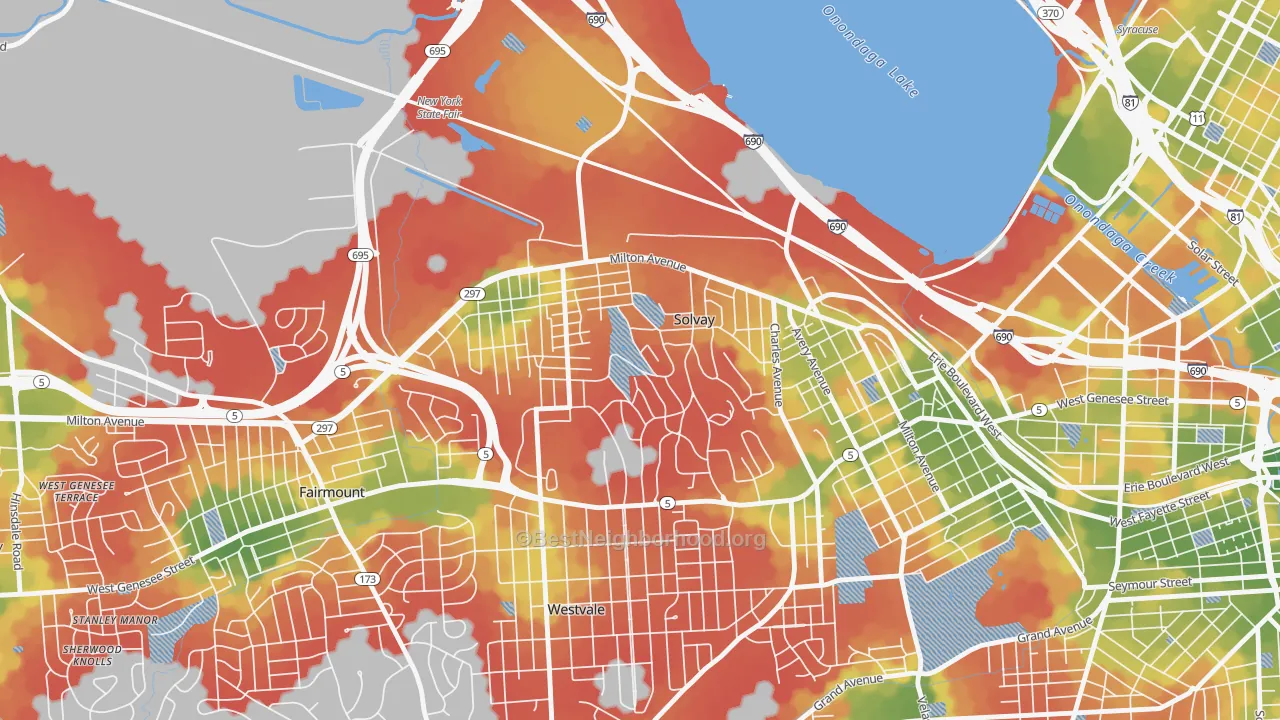 Walk Grade map of Solvay, NY, walkable areas in green and car-dependent areas in red
