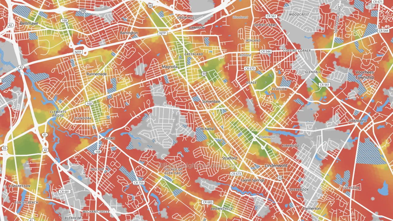 Walk Grade map of Somerdale, NJ, walkable areas in green and car-dependent areas in red