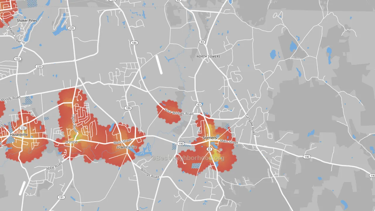 Walk Grade map of Somers, CT, walkable areas in green and car-dependent areas in red