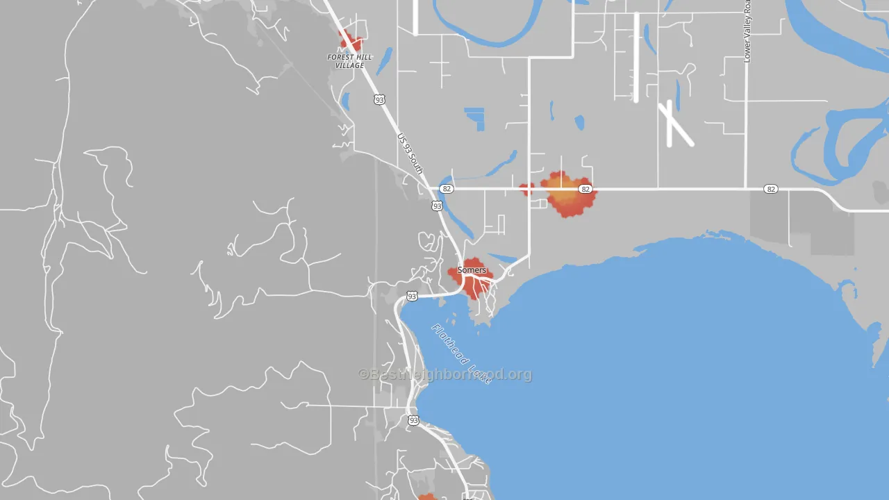 Walk Grade map of Somers, MT, walkable areas in green and car-dependent areas in red