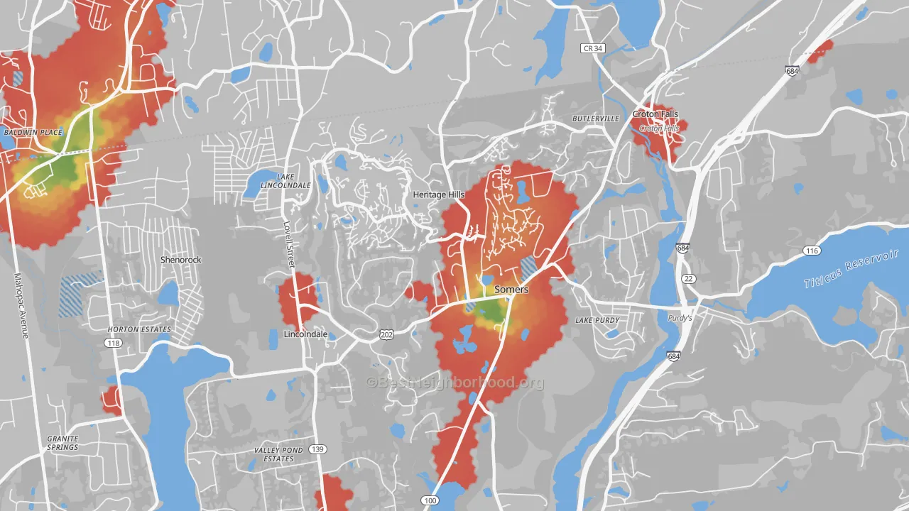 Walk Grade map of Somers, NY, walkable areas in green and car-dependent areas in red