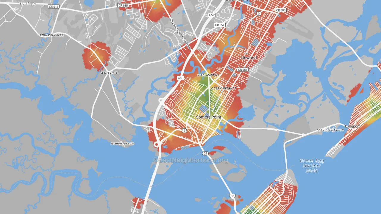 Walk Grade map of Somers Point, NJ, walkable areas in green and car-dependent areas in red