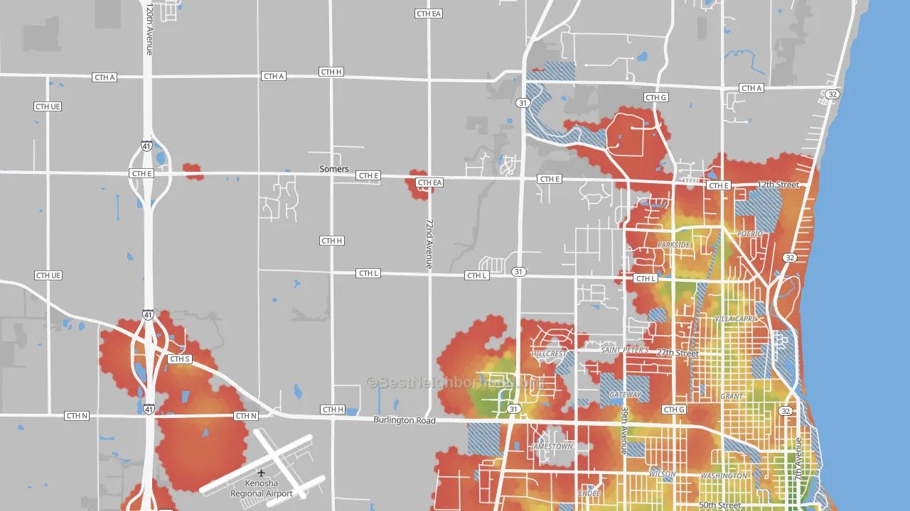 Walk Grade map of Somers, WI, walkable areas in green and car-dependent areas in red