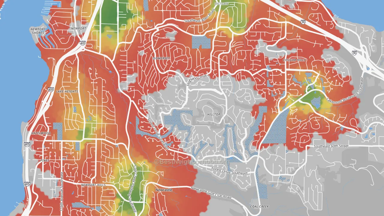 Walk Grade map of Somerset, Bellevue, WA, walkable areas in green and car-dependent areas in red