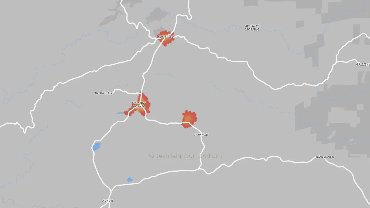 Walk Grade map of Somerset, CA, walkable areas in green and car-dependent areas in red