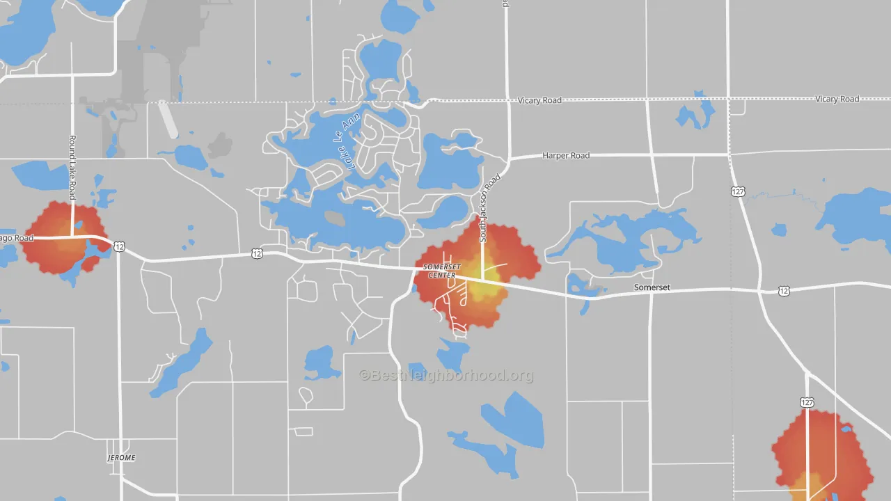 Walk Grade map of Somerset Center, MI, walkable areas in green and car-dependent areas in red