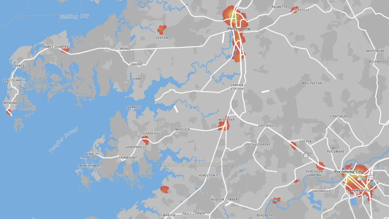 Walk Grade map of Somerset County, MD, walkable areas in green and car-dependent areas in red