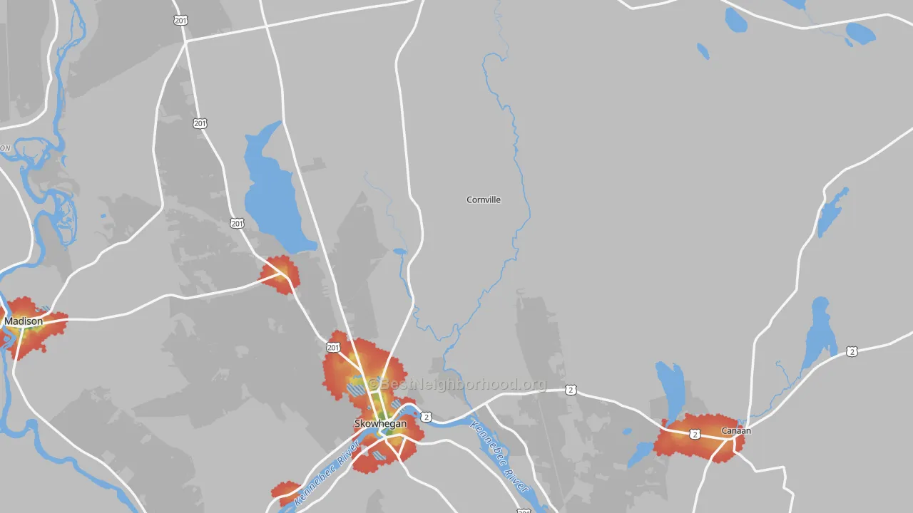 Walk Grade map of Somerset County, ME, walkable areas in green and car-dependent areas in red