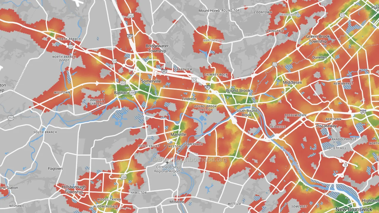 Walk Grade map of Somerset County, NJ, walkable areas in green and car-dependent areas in red