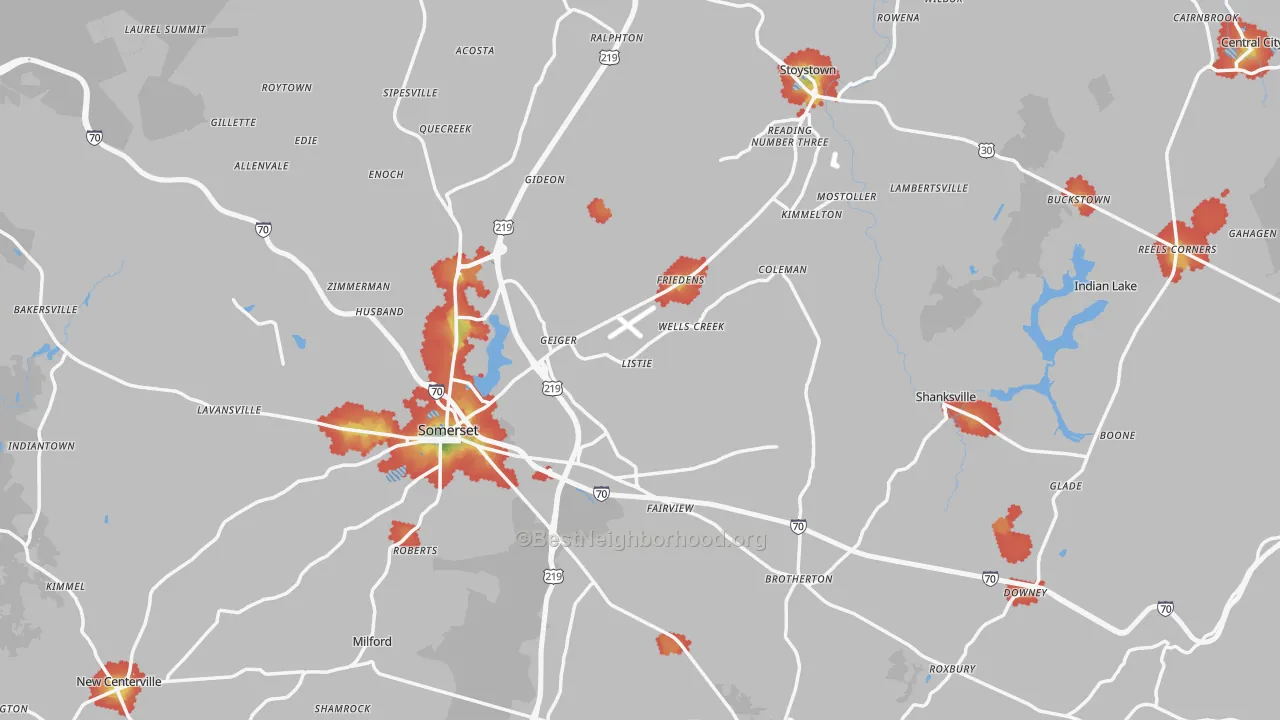 Walk Grade map of Somerset County, PA, walkable areas in green and car-dependent areas in red