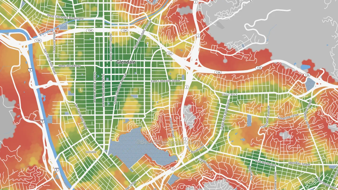 Walk Grade map of Somerset, Glendale, CA, walkable areas in green and car-dependent areas in red