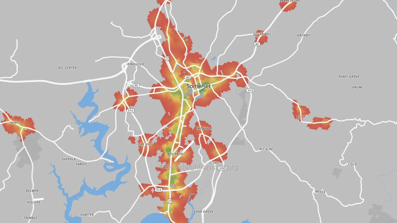 Walk Grade map of Somerset, KY, walkable areas in green and car-dependent areas in red