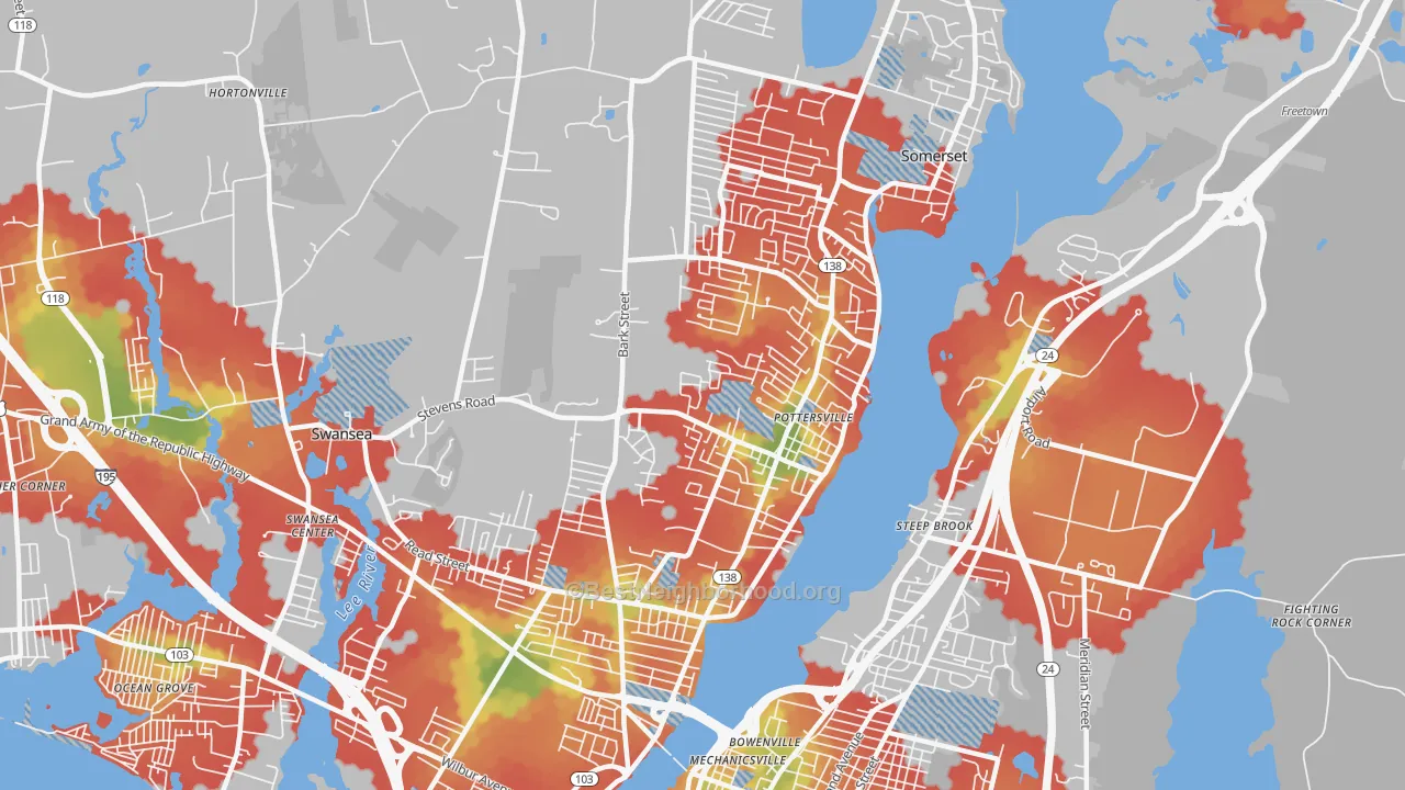Walk Grade map of Somerset, MA, walkable areas in green and car-dependent areas in red