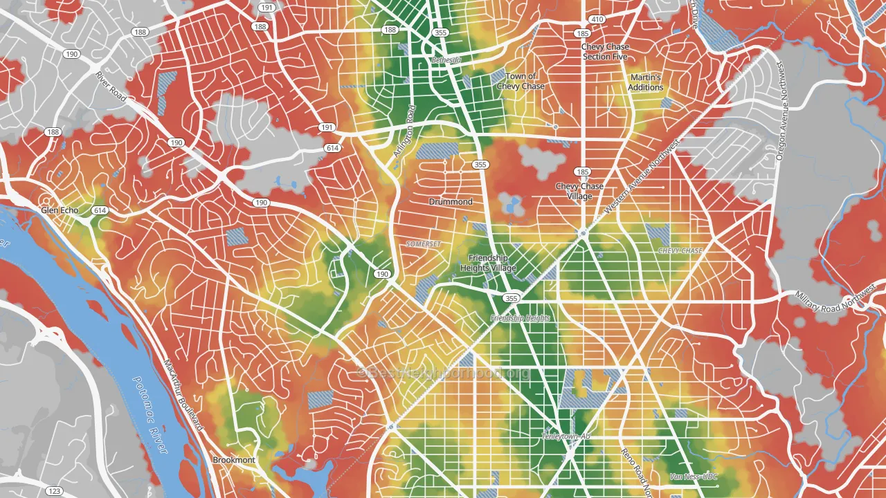 Walk Grade map of Somerset, MD, walkable areas in green and car-dependent areas in red