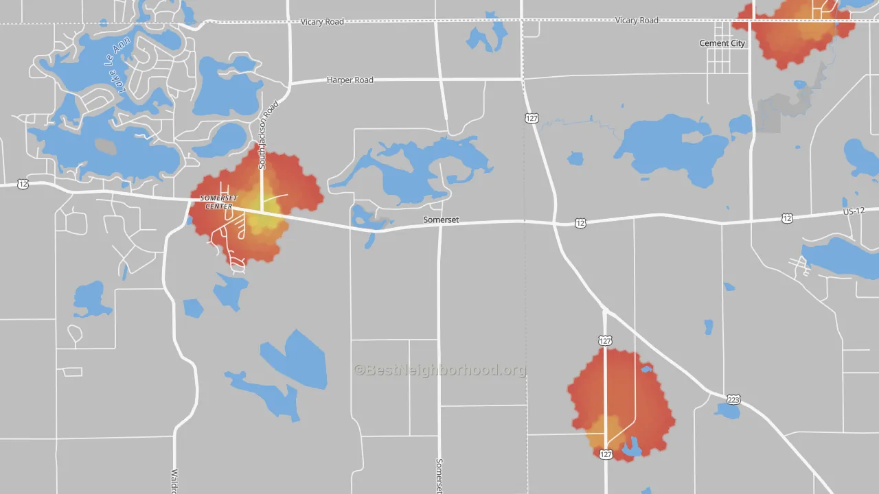 Walk Grade map of Somerset, MI, walkable areas in green and car-dependent areas in red