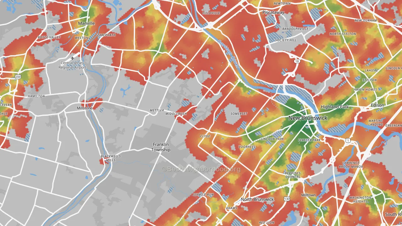 Walk Grade map of Somerset, NJ, walkable areas in green and car-dependent areas in red