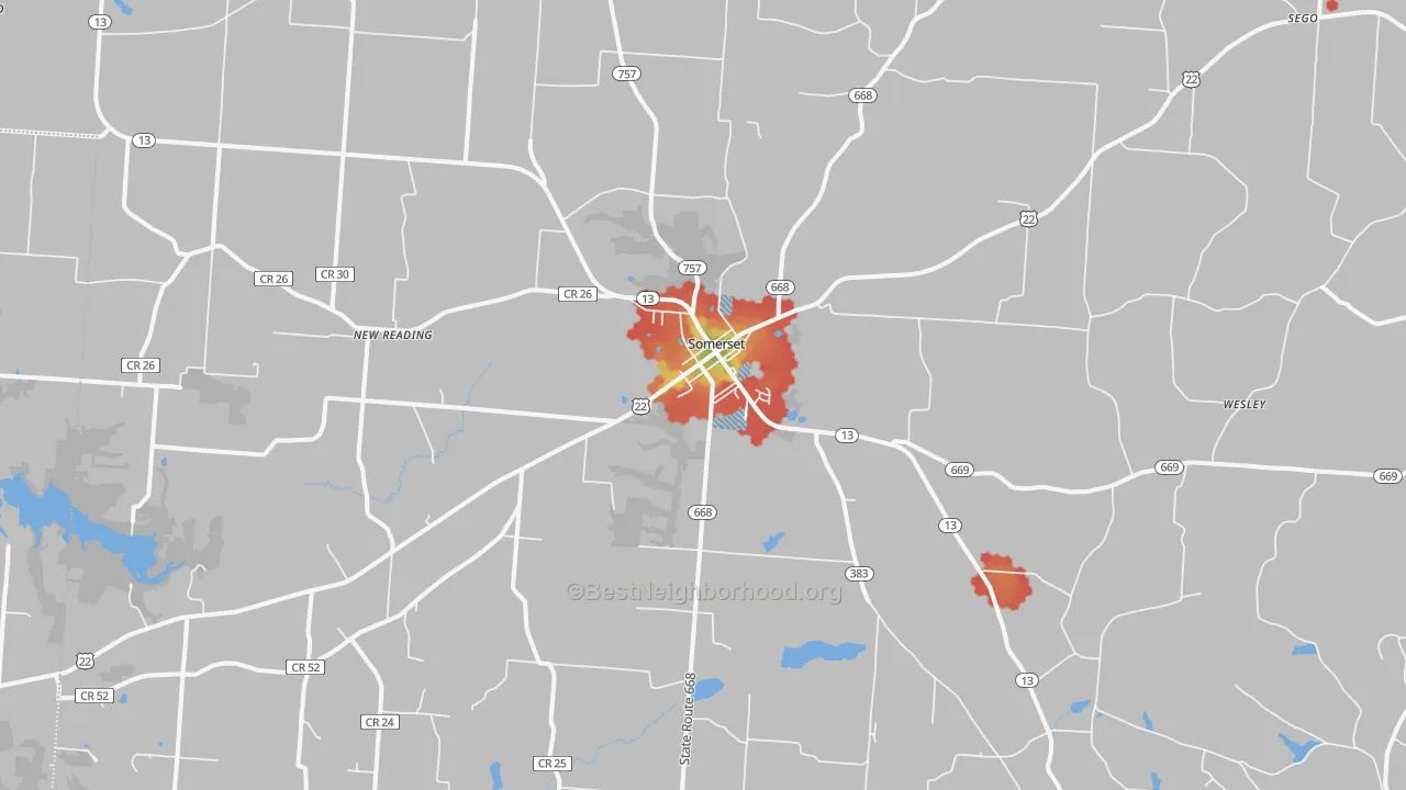 Walk Grade map of Somerset, OH, walkable areas in green and car-dependent areas in red