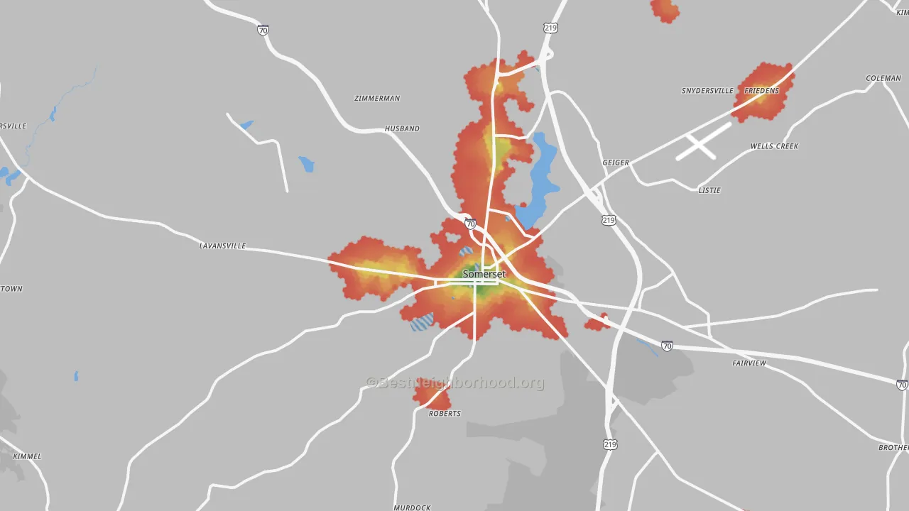 Walk Grade map of Somerset, PA, walkable areas in green and car-dependent areas in red
