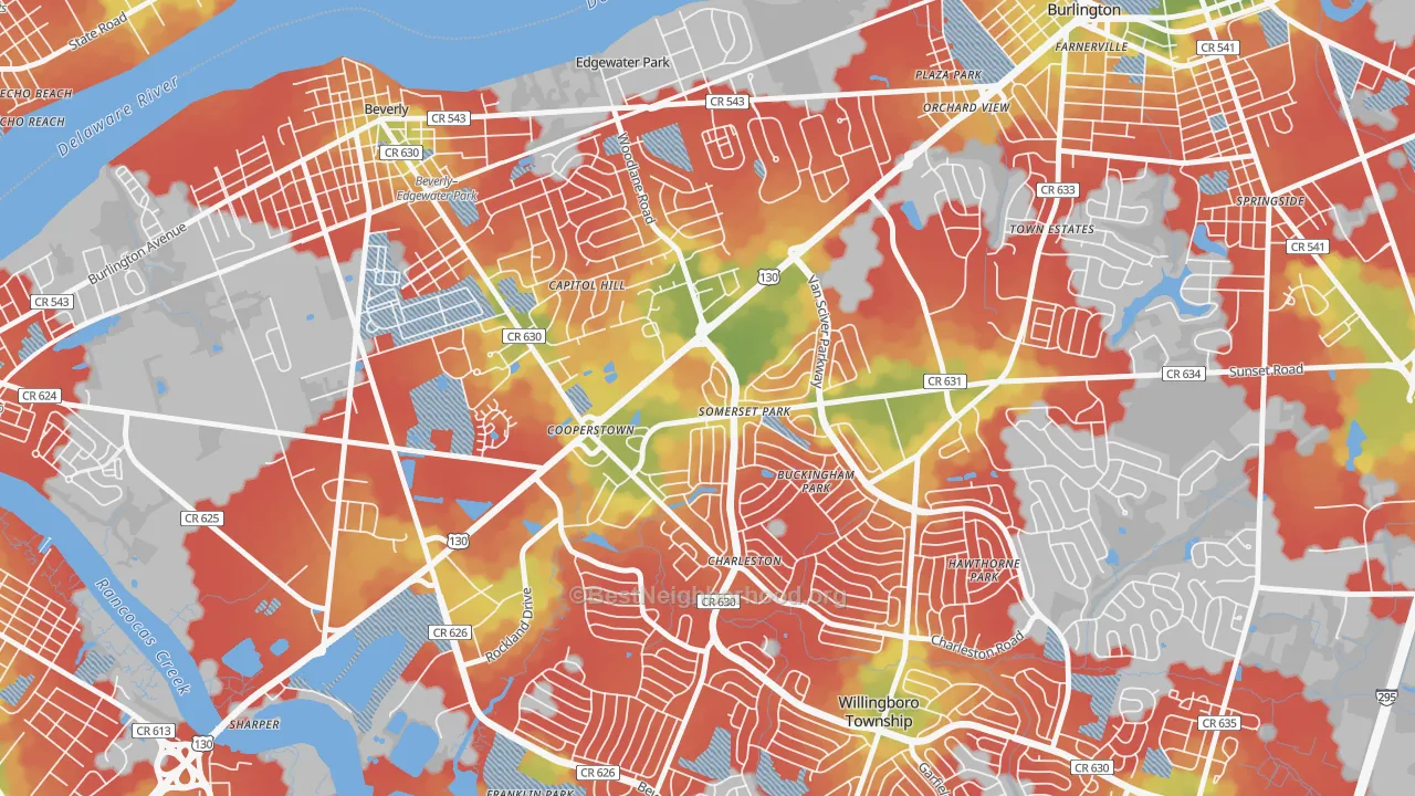 Walk Grade map of Somerset Park, Willingboro, NJ, walkable areas in green and car-dependent areas in red