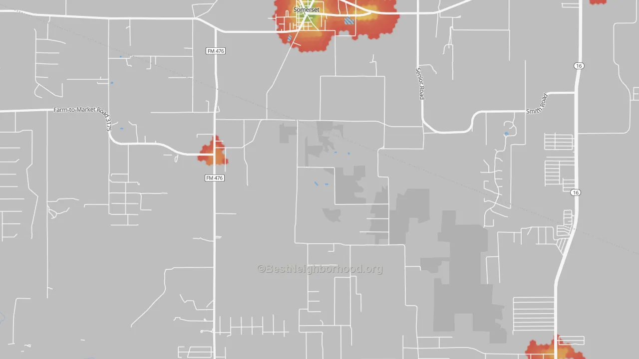 Walk Grade map of Somerset, TX, walkable areas in green and car-dependent areas in red