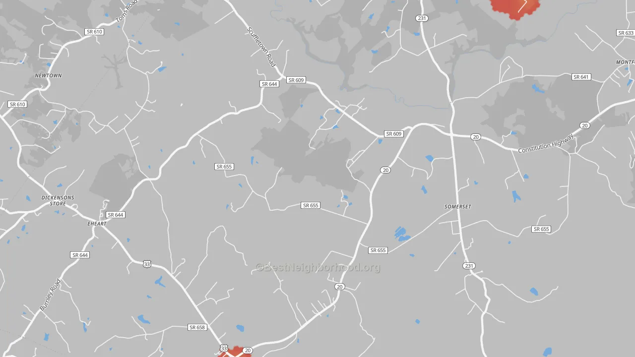 Walk Grade map of Somerset, VA, walkable areas in green and car-dependent areas in red