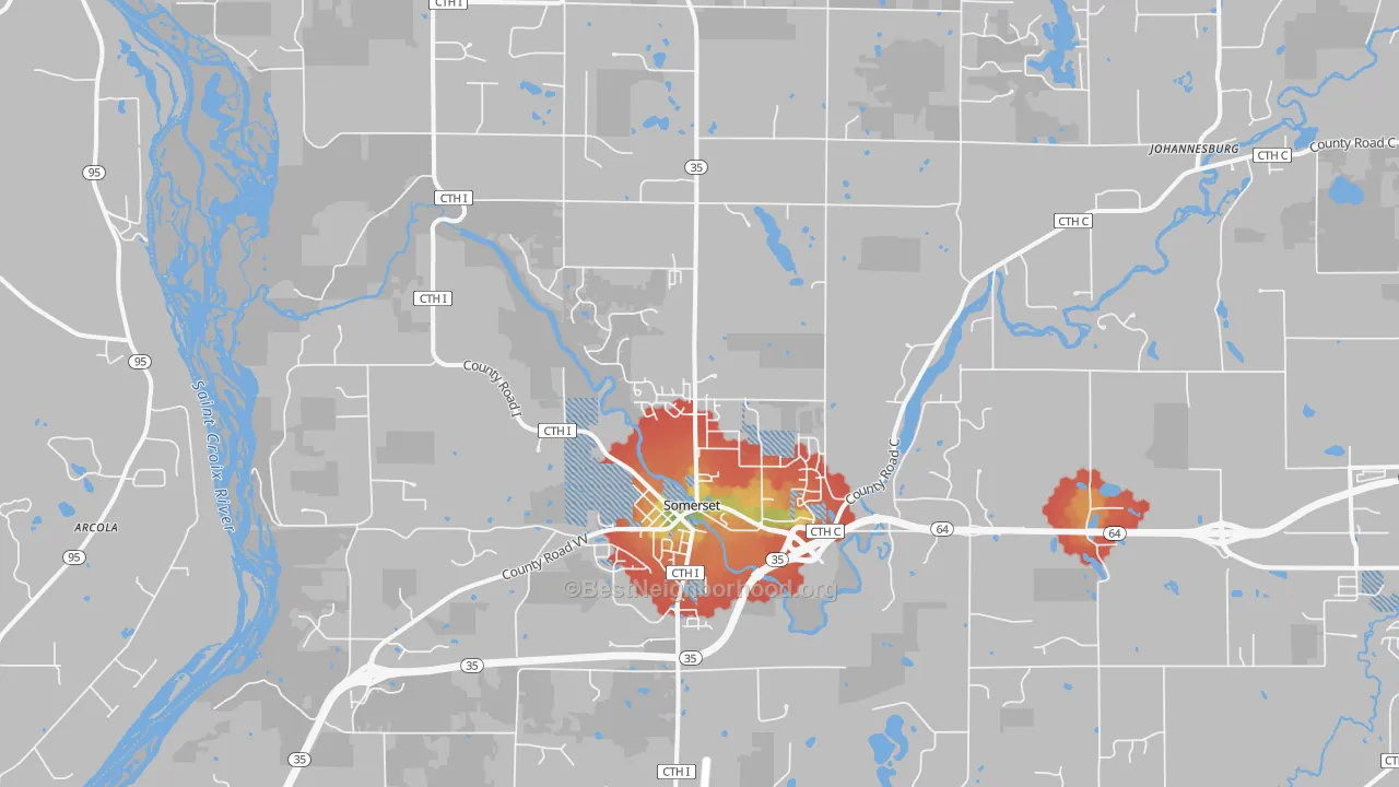Walk Grade map of Somerset, WI, walkable areas in green and car-dependent areas in red