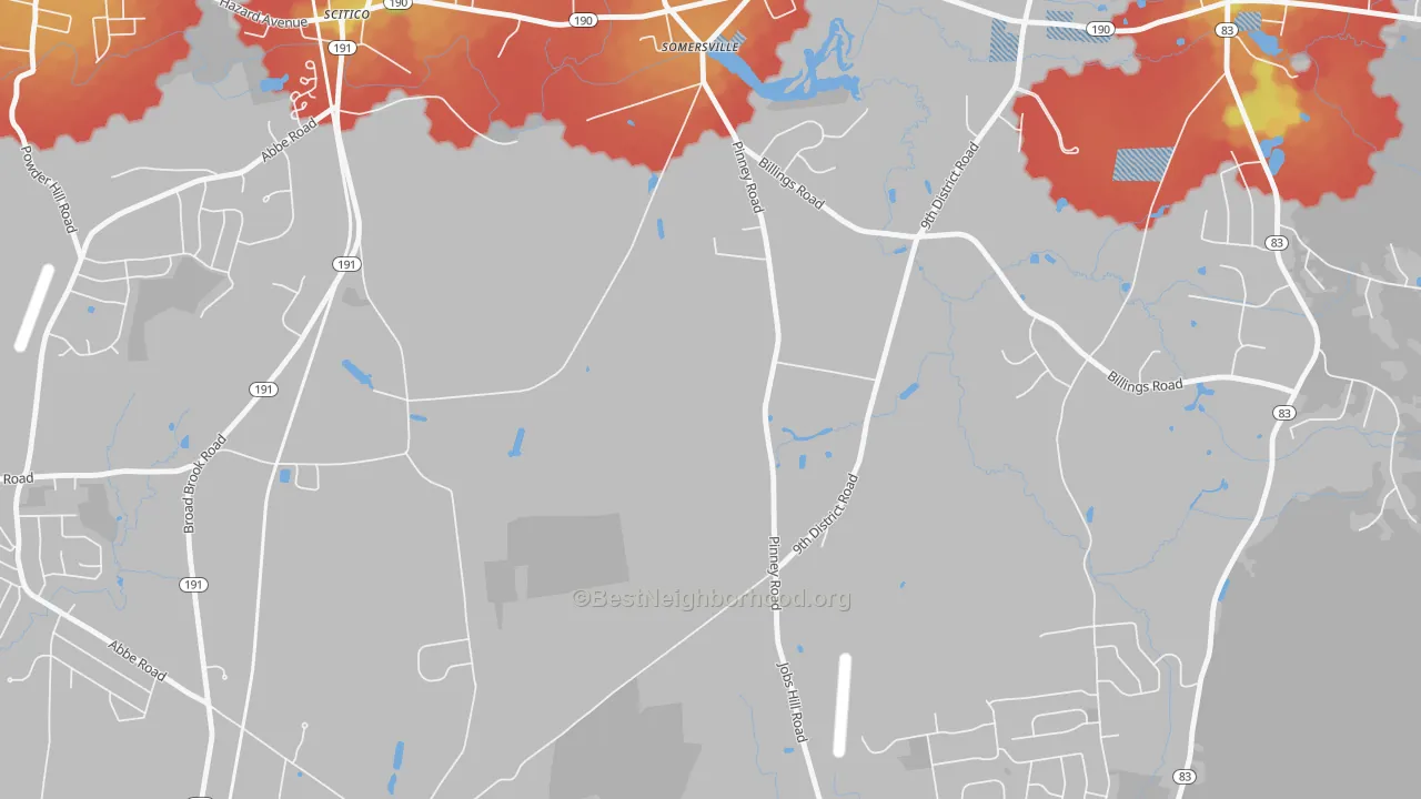 Walk Grade map of Somersville, CT, walkable areas in green and car-dependent areas in red