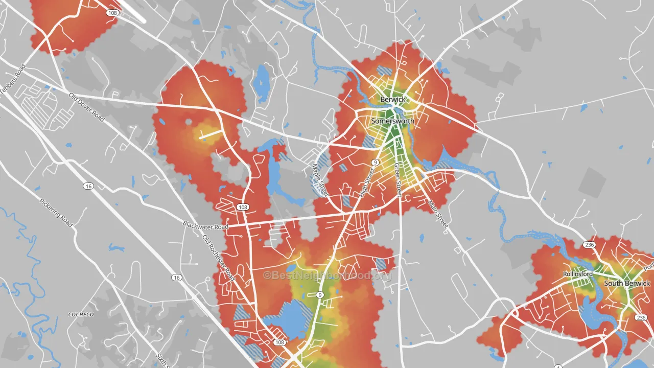 Walk Grade map of Somersworth, NH, walkable areas in green and car-dependent areas in red