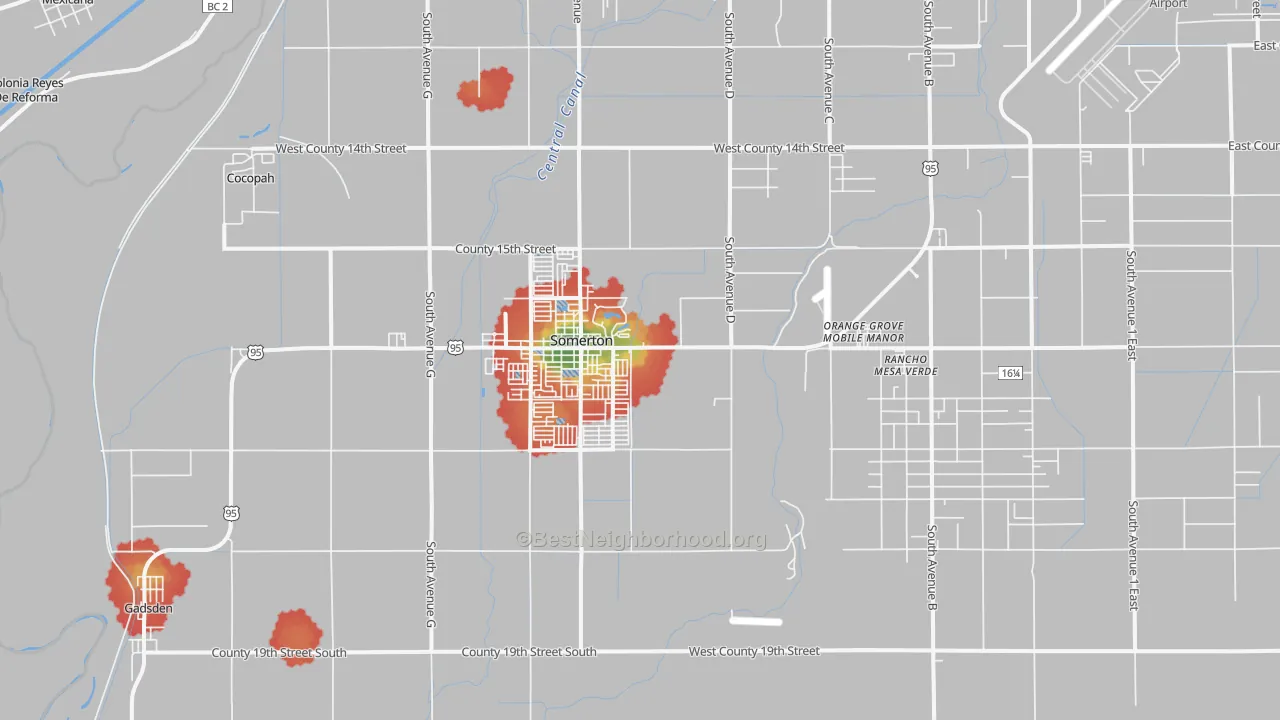 Walk Grade map of Somerton, AZ, walkable areas in green and car-dependent areas in red