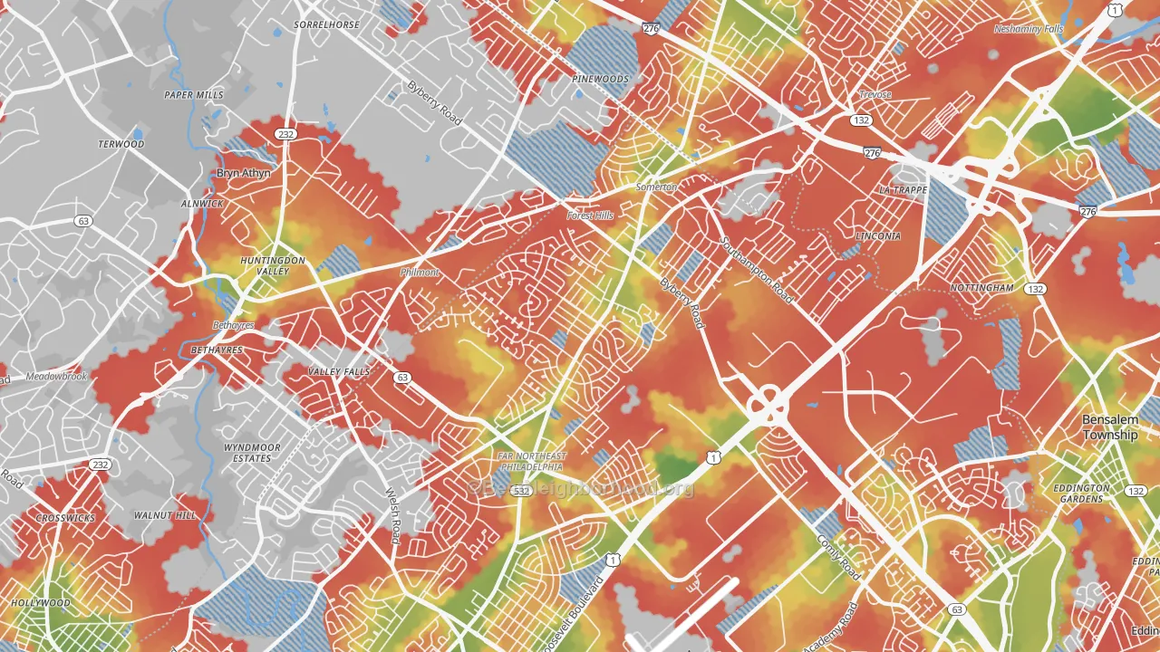 Walk Grade map of Somerton, Philadelphia, PA, walkable areas in green and car-dependent areas in red