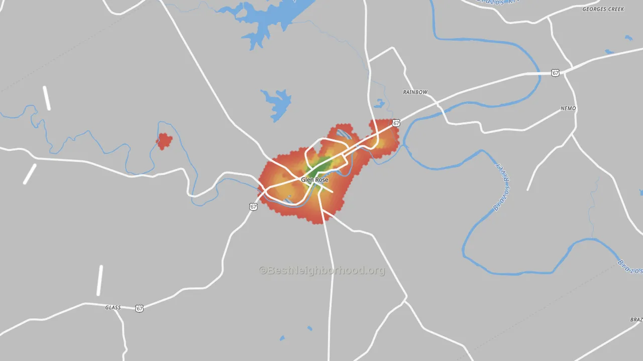 Walk Grade map of Somervell County, TX, walkable areas in green and car-dependent areas in red