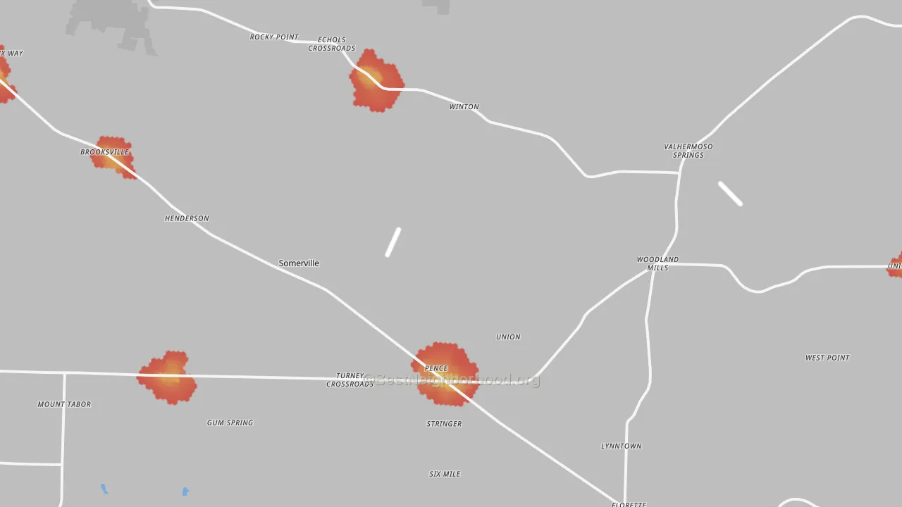Walk Grade map of Somerville, AL, walkable areas in green and car-dependent areas in red