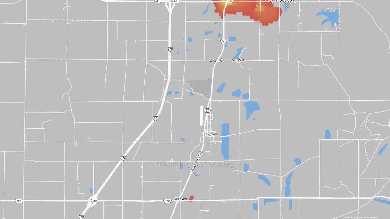 Walk Grade map of Somerville, IN, walkable areas in green and car-dependent areas in red
