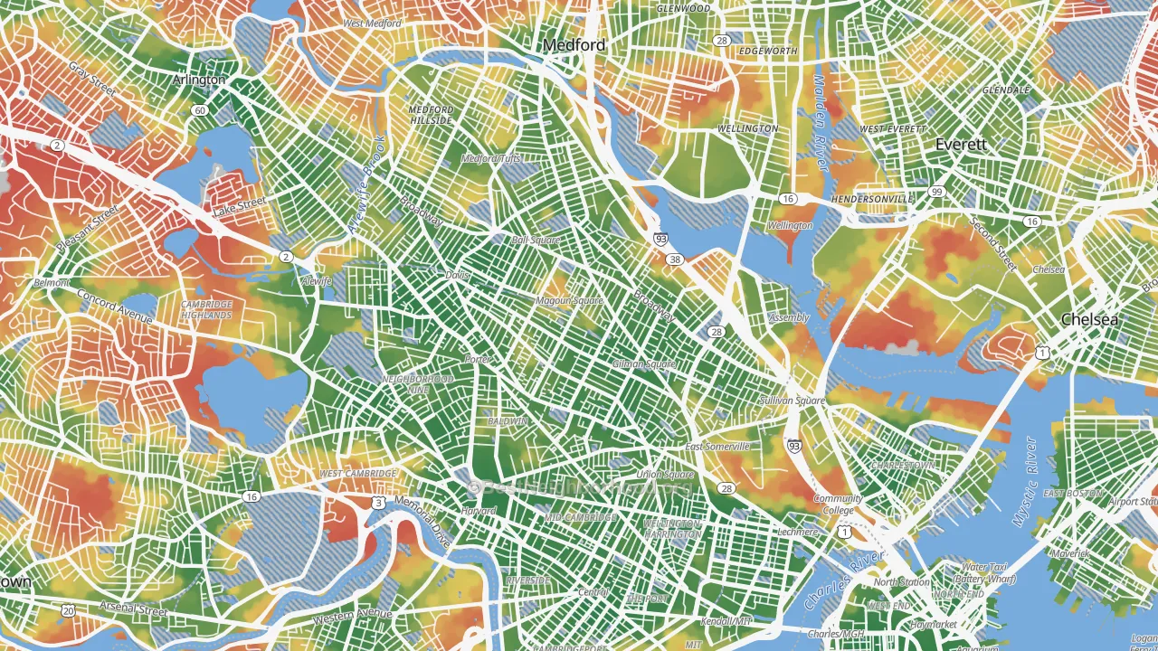 Walk Grade map of Somerville, MA, walkable areas in green and car-dependent areas in red