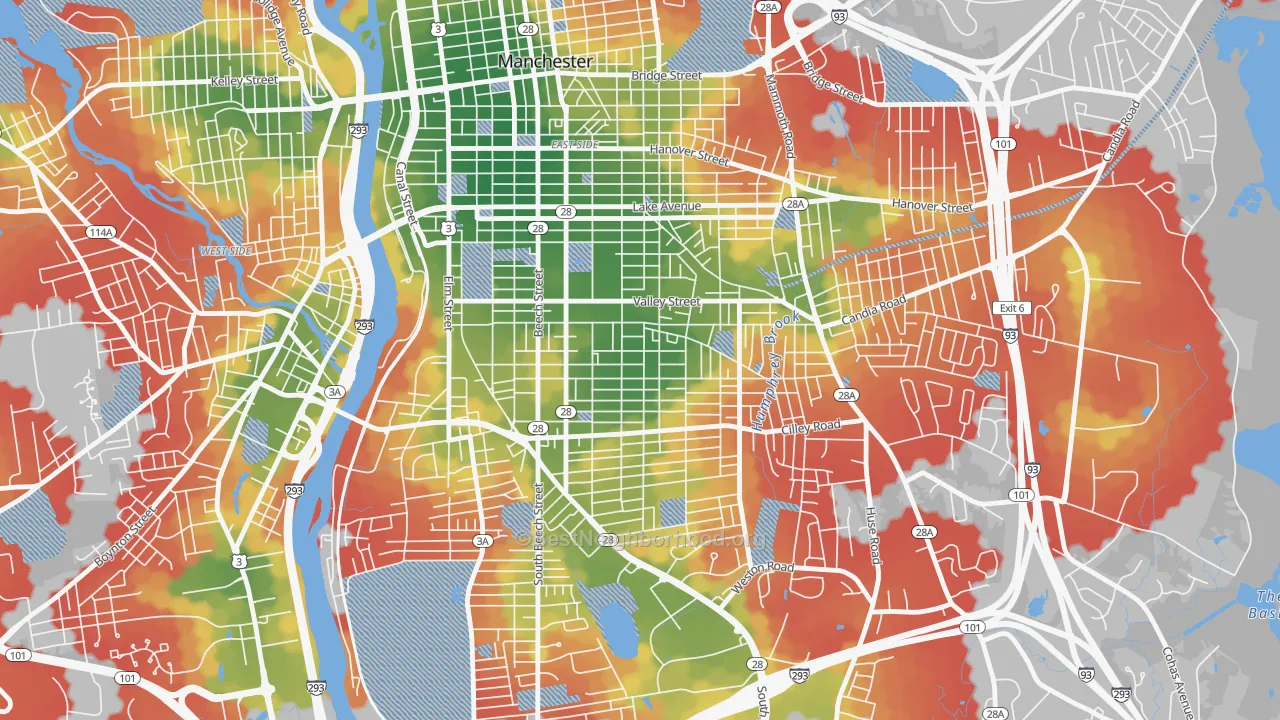 Walk Grade map of Somerville, Manchester, NH, walkable areas in green and car-dependent areas in red
