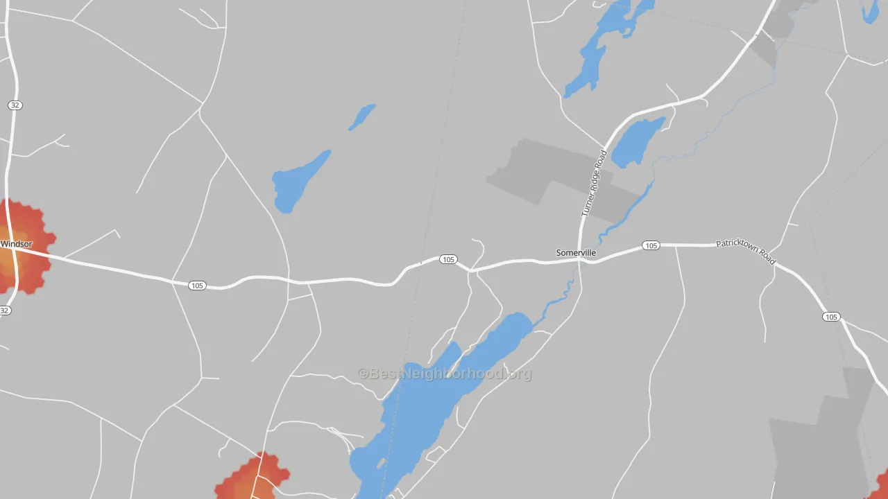 Walk Grade map of Somerville, ME, walkable areas in green and car-dependent areas in red