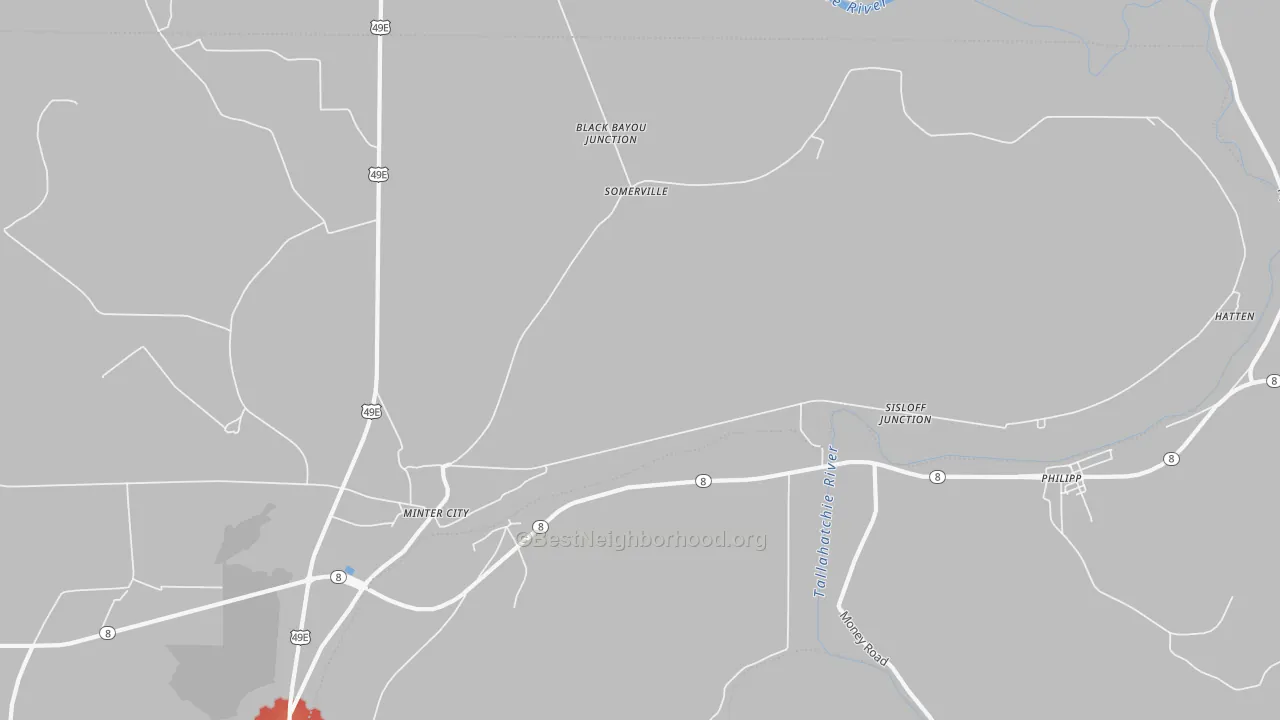 Walk Grade map of Somerville, MS, walkable areas in green and car-dependent areas in red