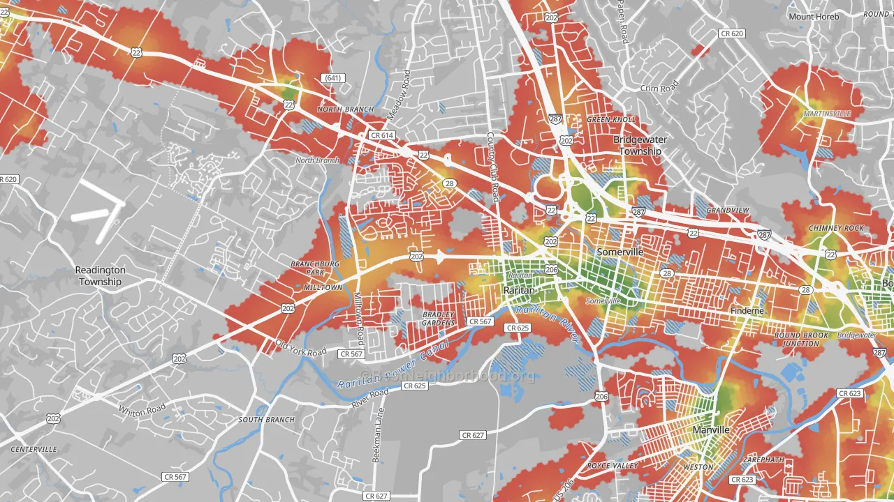 Walk Grade map of Somerville, NJ, walkable areas in green and car-dependent areas in red