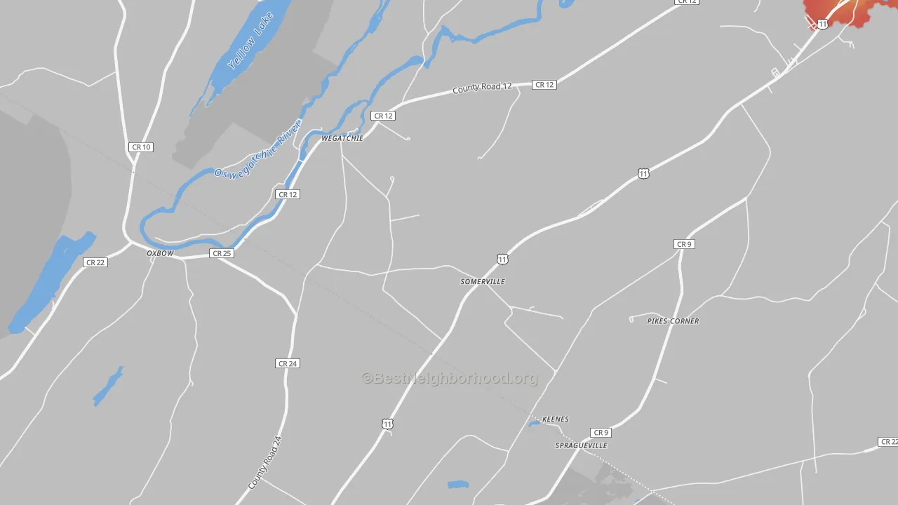 Walk Grade map of Somerville, NY, walkable areas in green and car-dependent areas in red