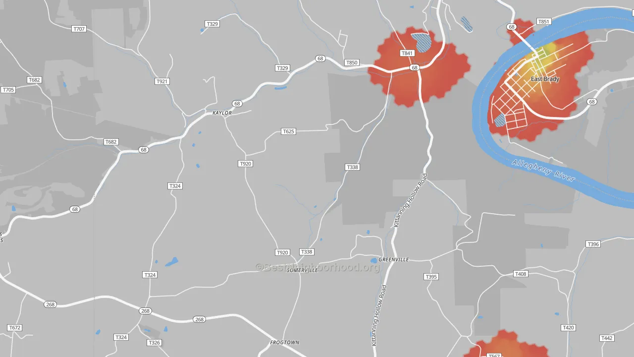 Walk Grade map of Somerville, PA, walkable areas in green and car-dependent areas in red